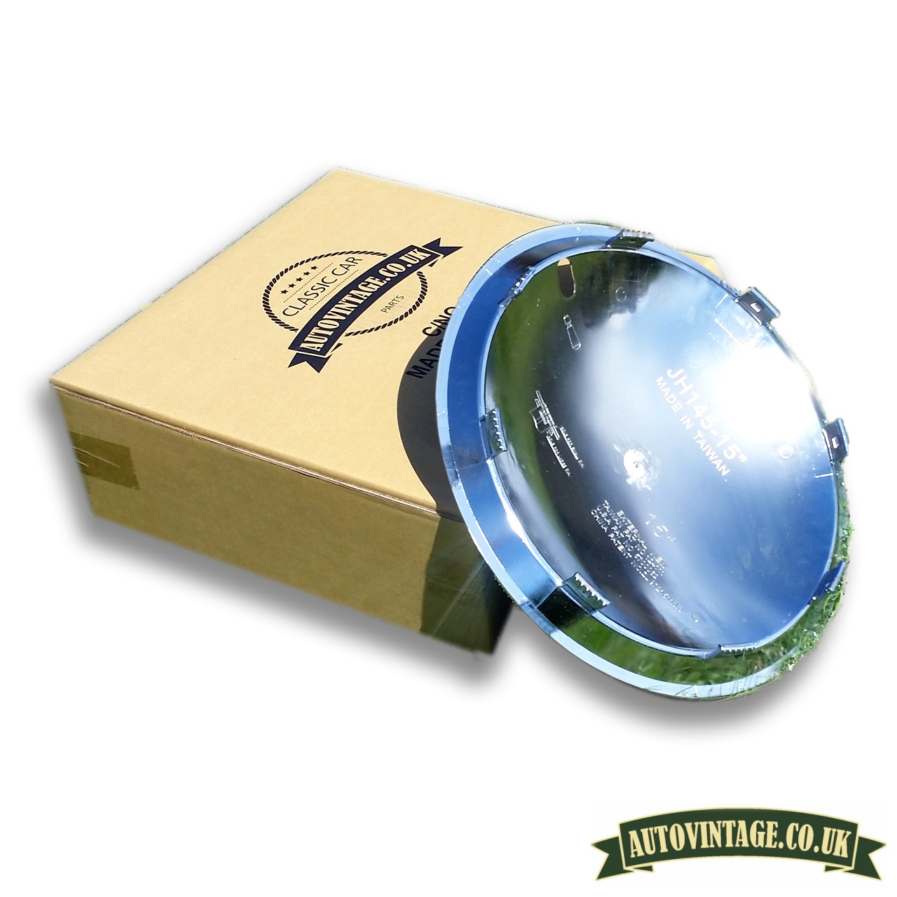 13” Baby Moon chrome hubcaps plastic AUTOVINTAGE.CO.UK